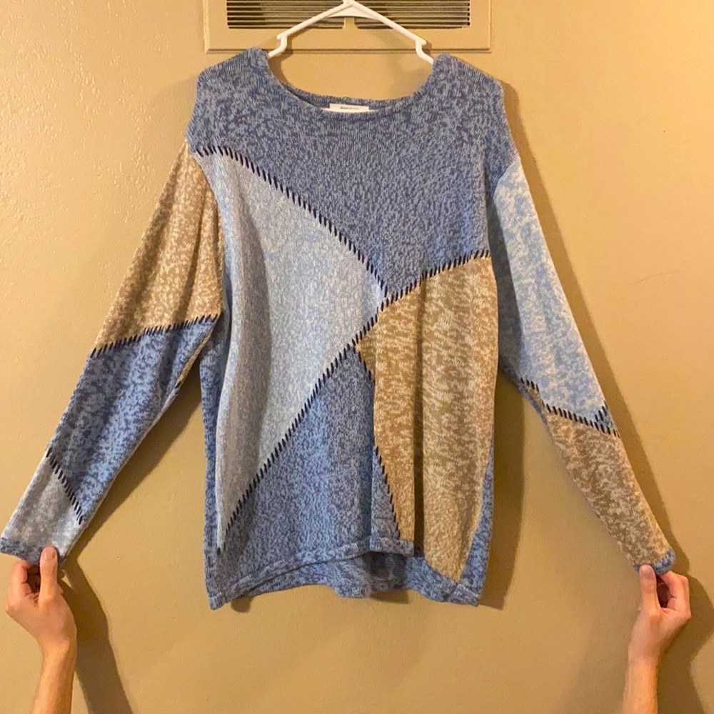 L/XL, 14/16 Dress Barn blue/tan patchwork stitched heavy sweater